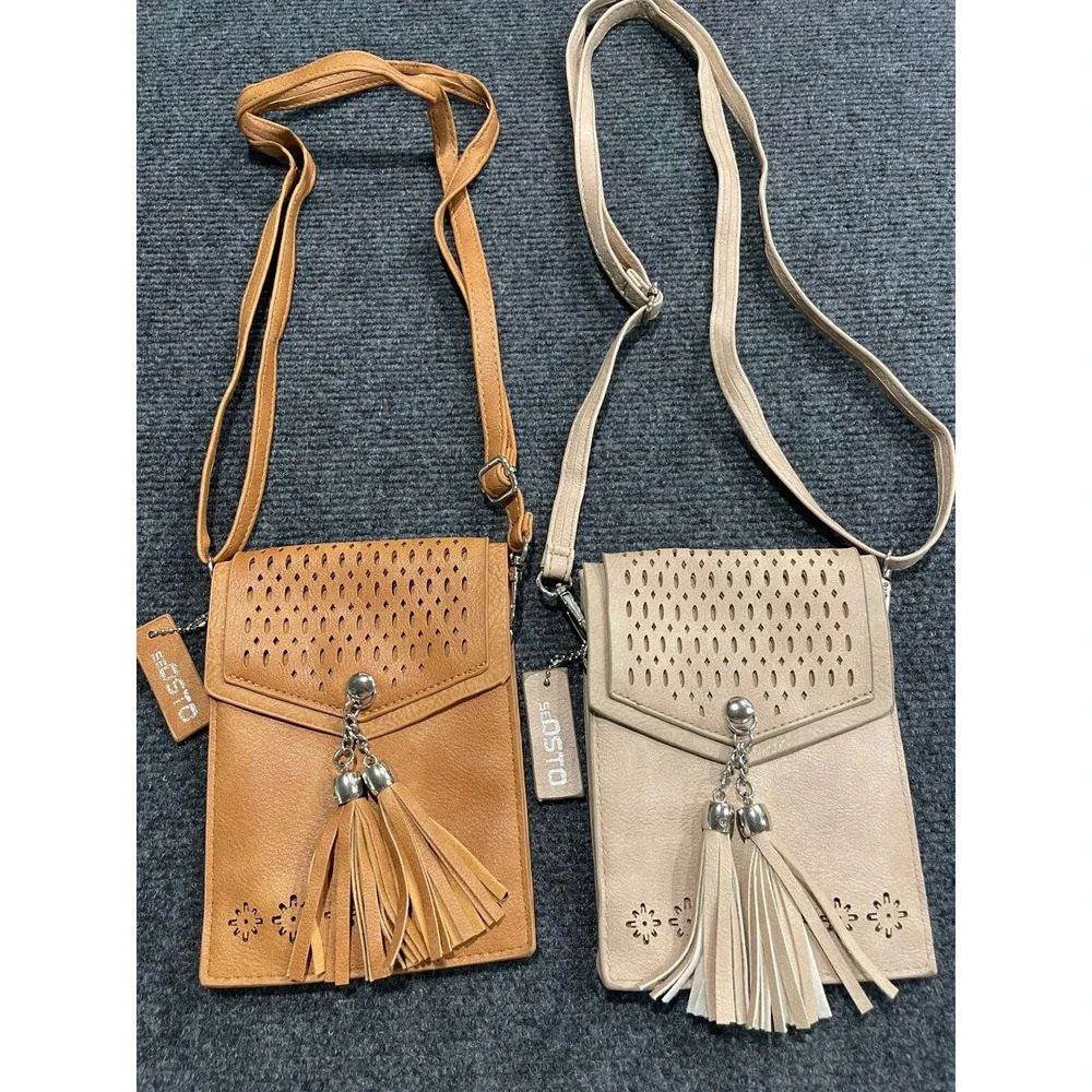 S-Dosto Set of 2 Laser Cut Tassel Crossbody Phone Bags Tan and Beige Boho